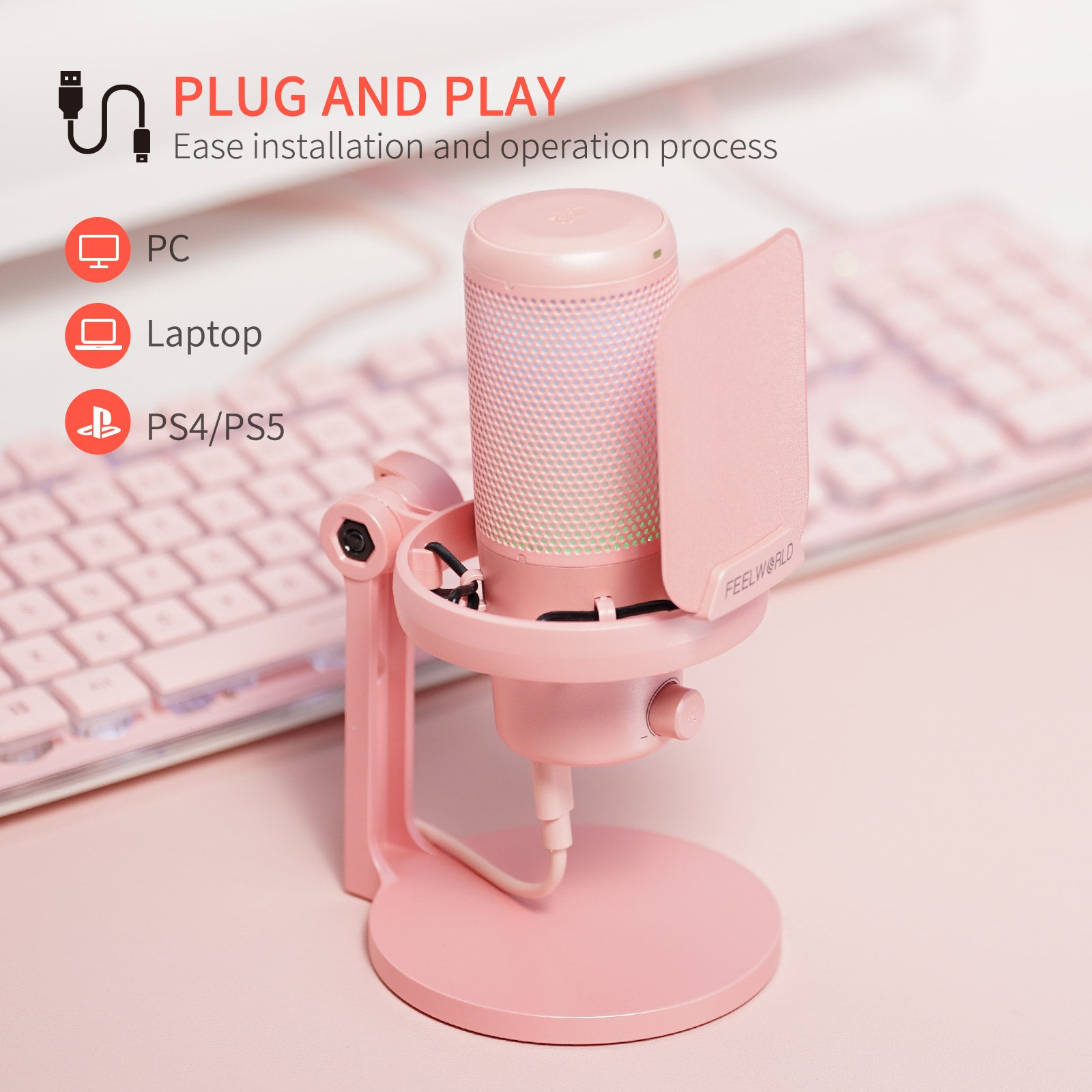 Feelworld VM1 microfono USB a condensatore rosa con stand