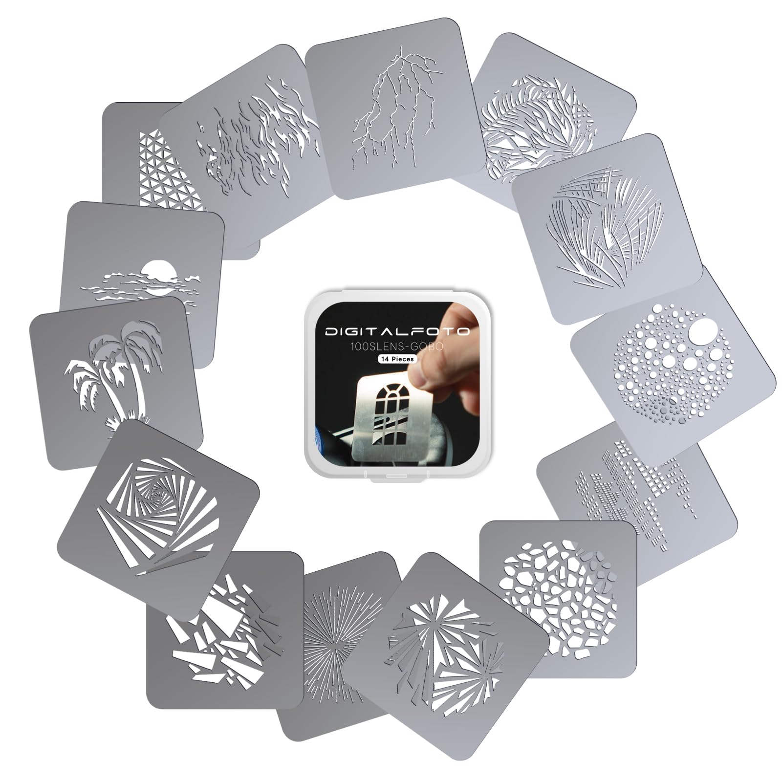 DigitalFoto Light set 14 gobo acciaio per snoot Bowens 50x50 mm