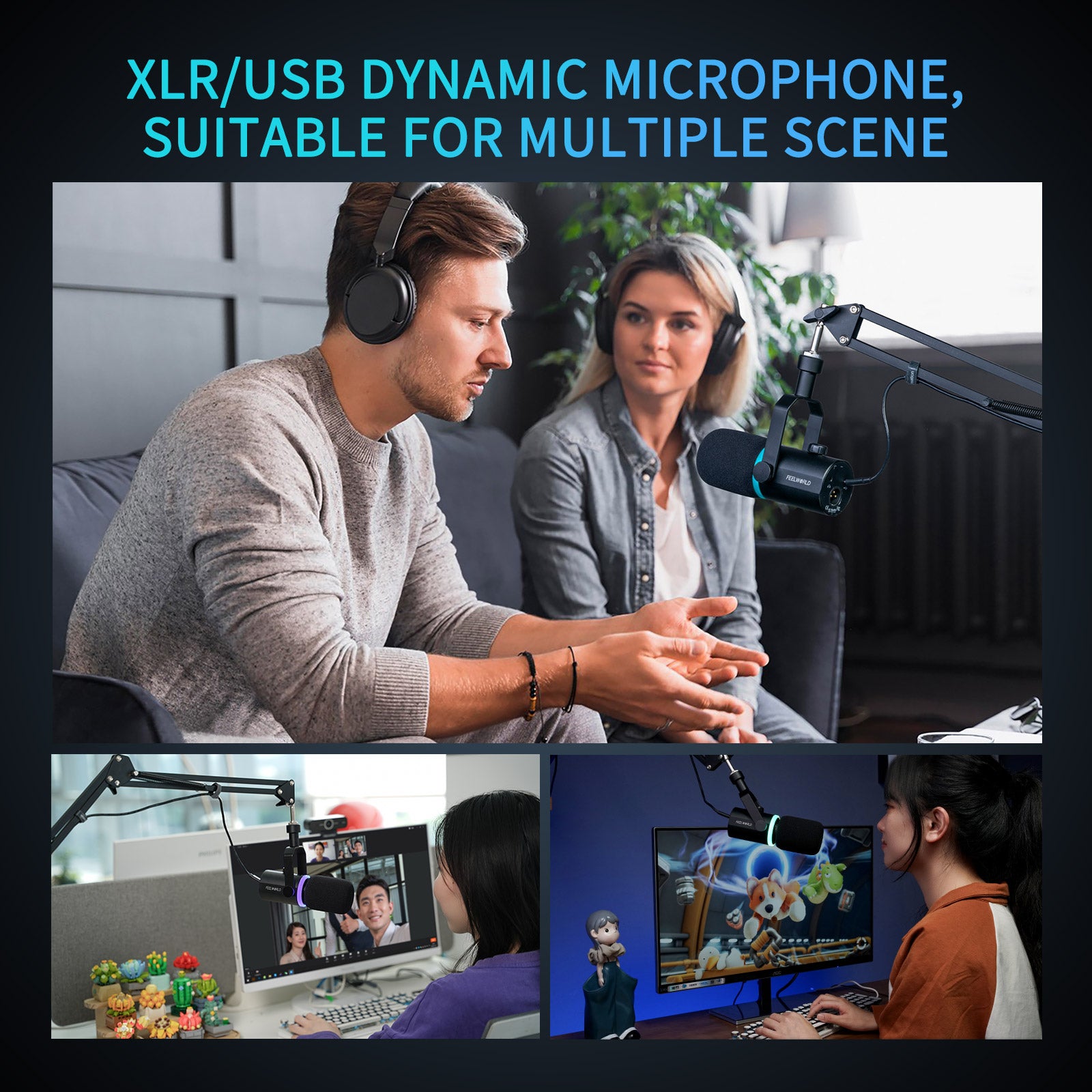 Feelworld PM1 microfono dinamico XLR USB nero con base