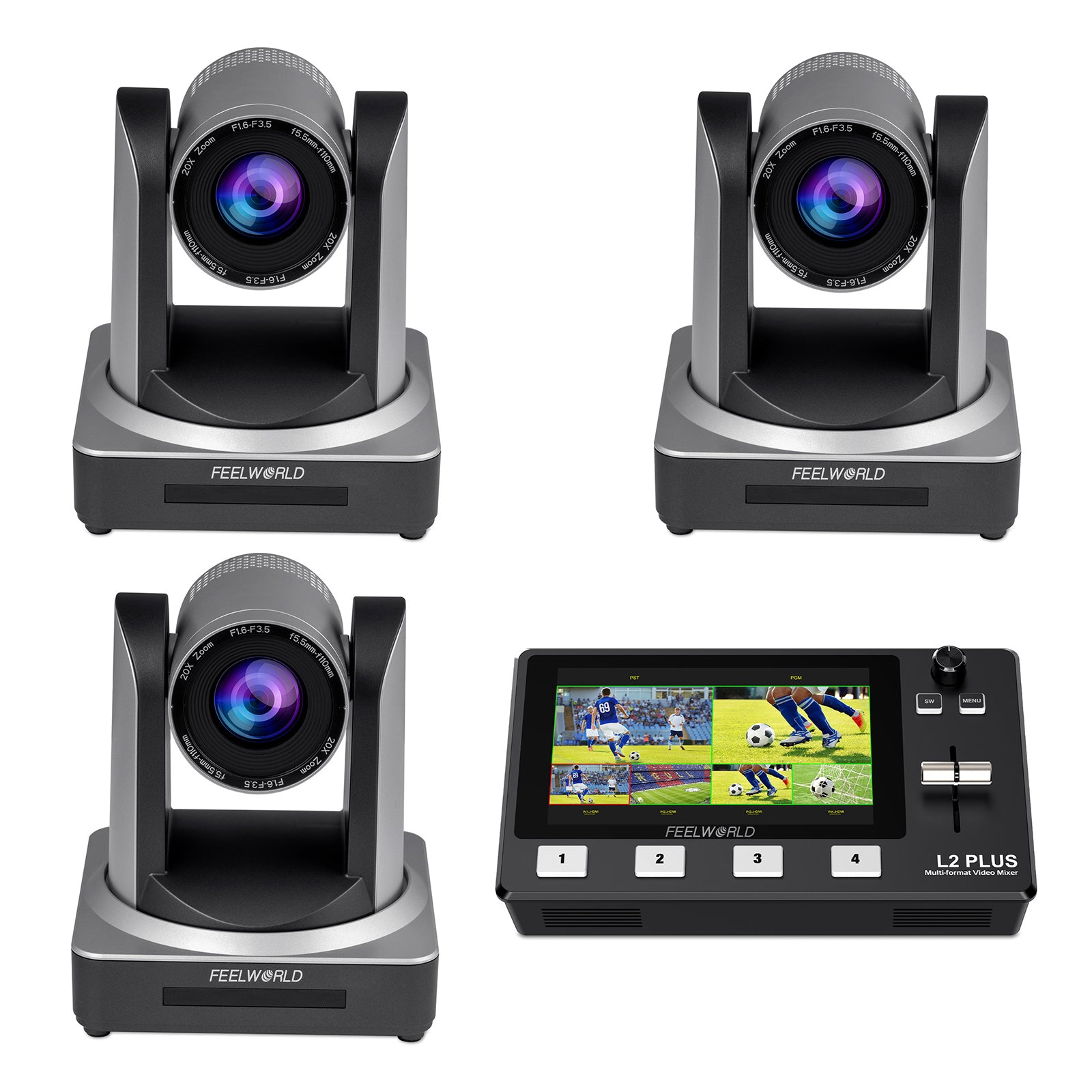 Feelworld L2 Plus Switcher Video + 3 Telecamere PTZ POE20X Kit