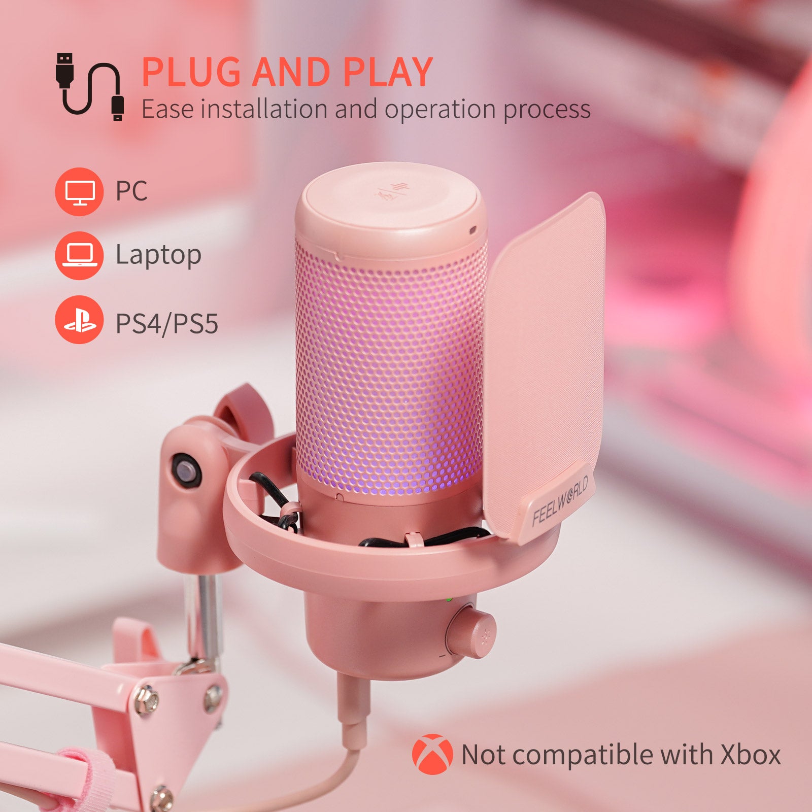 Feelworld VM1 Microfono USB Rosa Condensatore con Asta PC