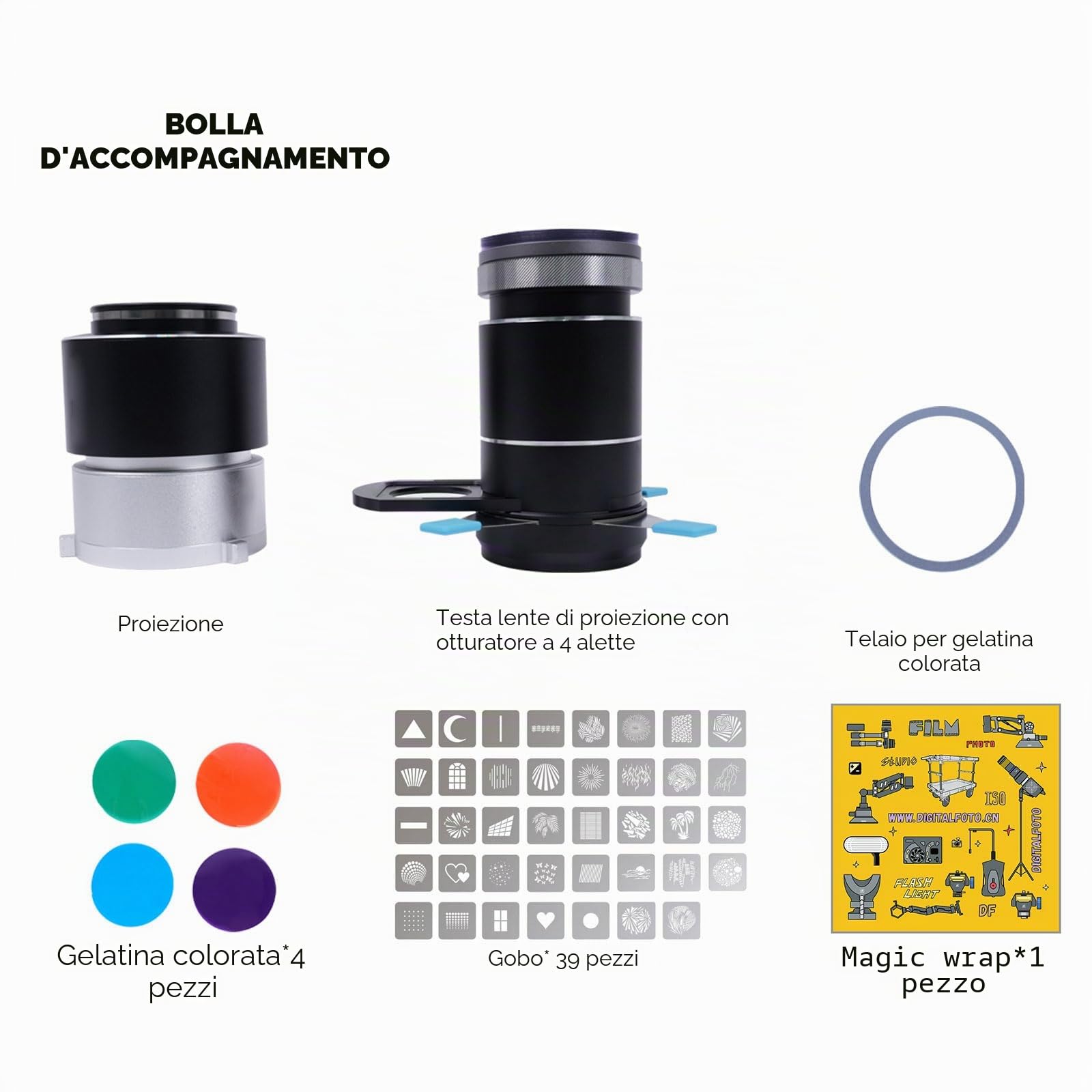 DigitalFoto Light Snoot Bowens proiettore con 39 gobo e 4 filtri