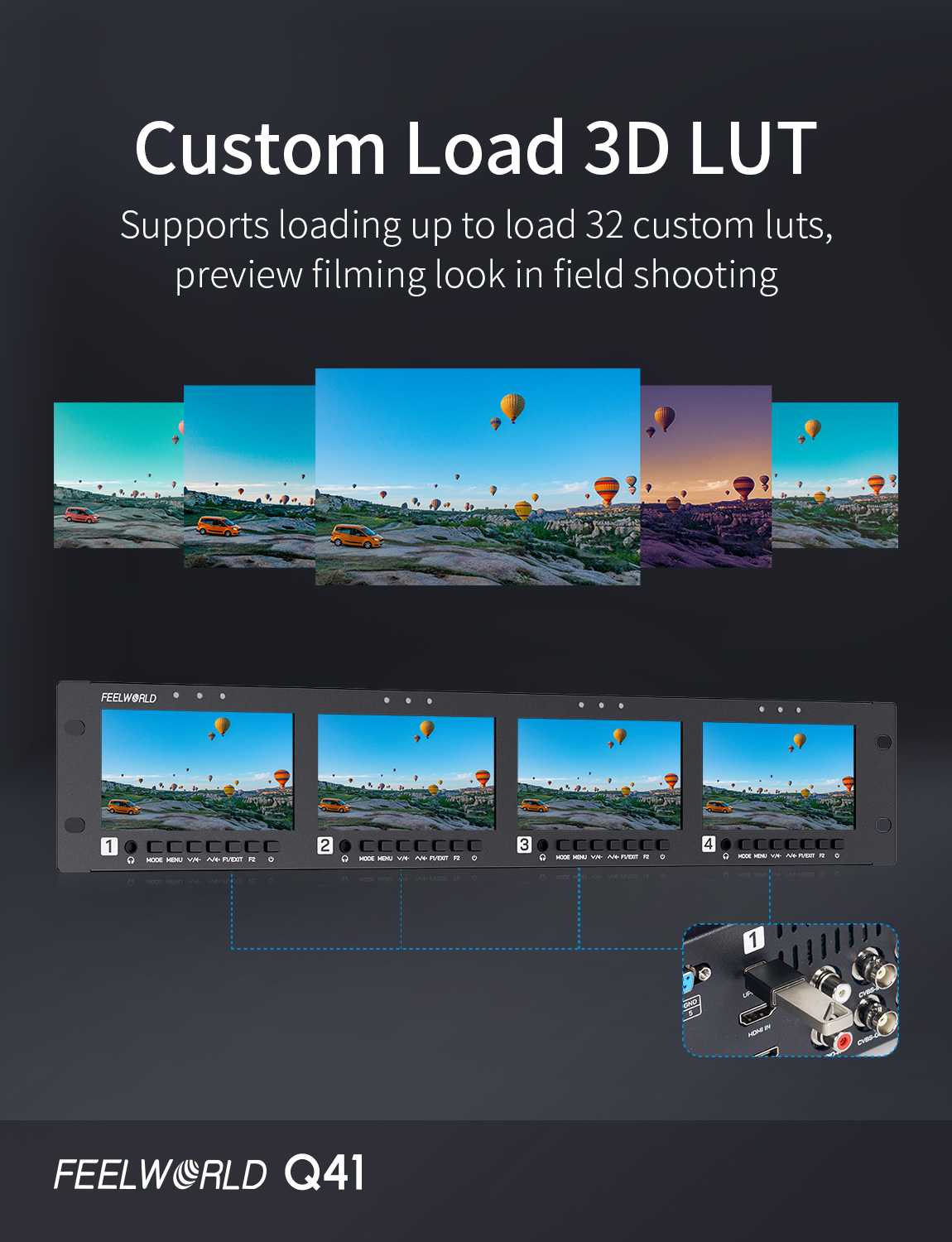 Feelworld Q41 Monitor Rack 2RU 4x4.5" 3G-SDI HDMI Broadcast
