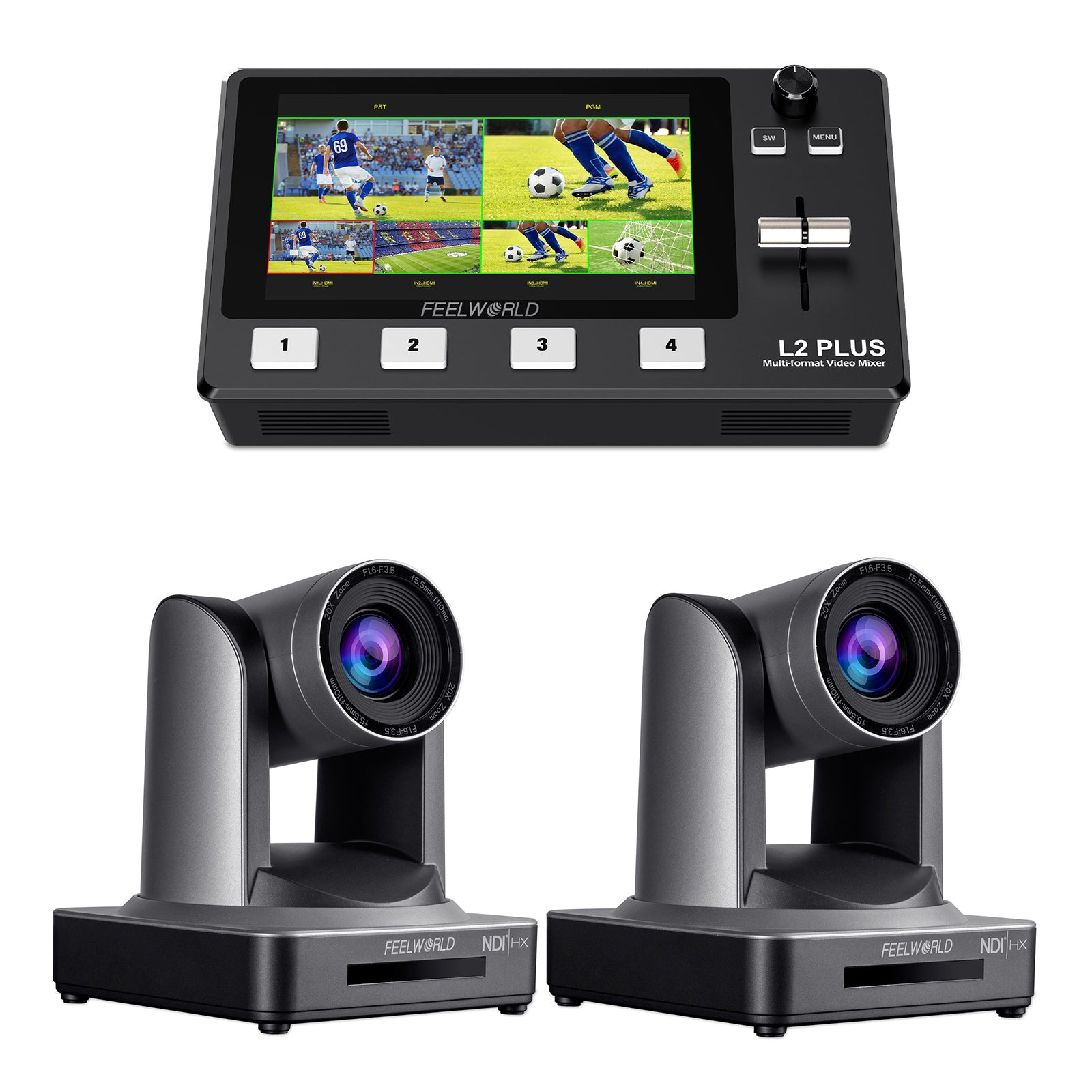 Feelworld L2 Plus mixer video kit streaming 2 telecamere NDI20X PTZ