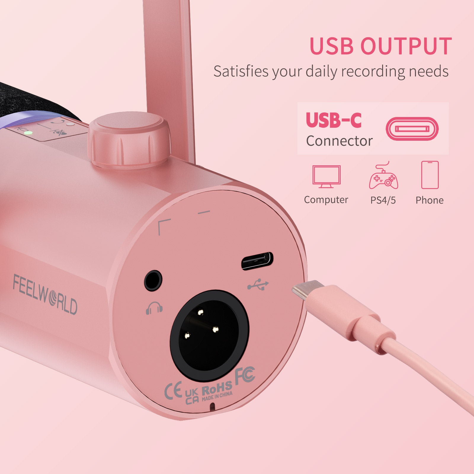 Feelworld PM1 Microfono Dinamico XLR USB Rosa con Stand