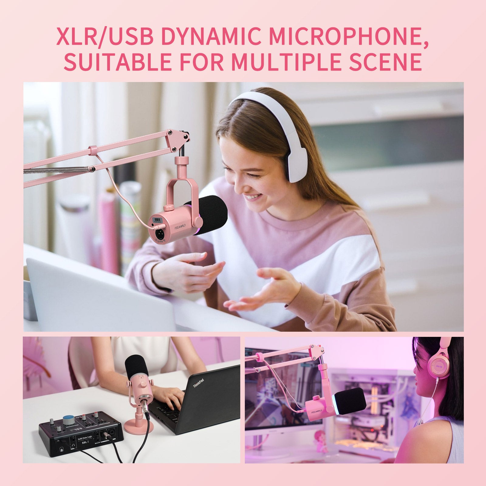 Feelworld PM1 Microfono Dinamico XLR USB Rosa con Asta