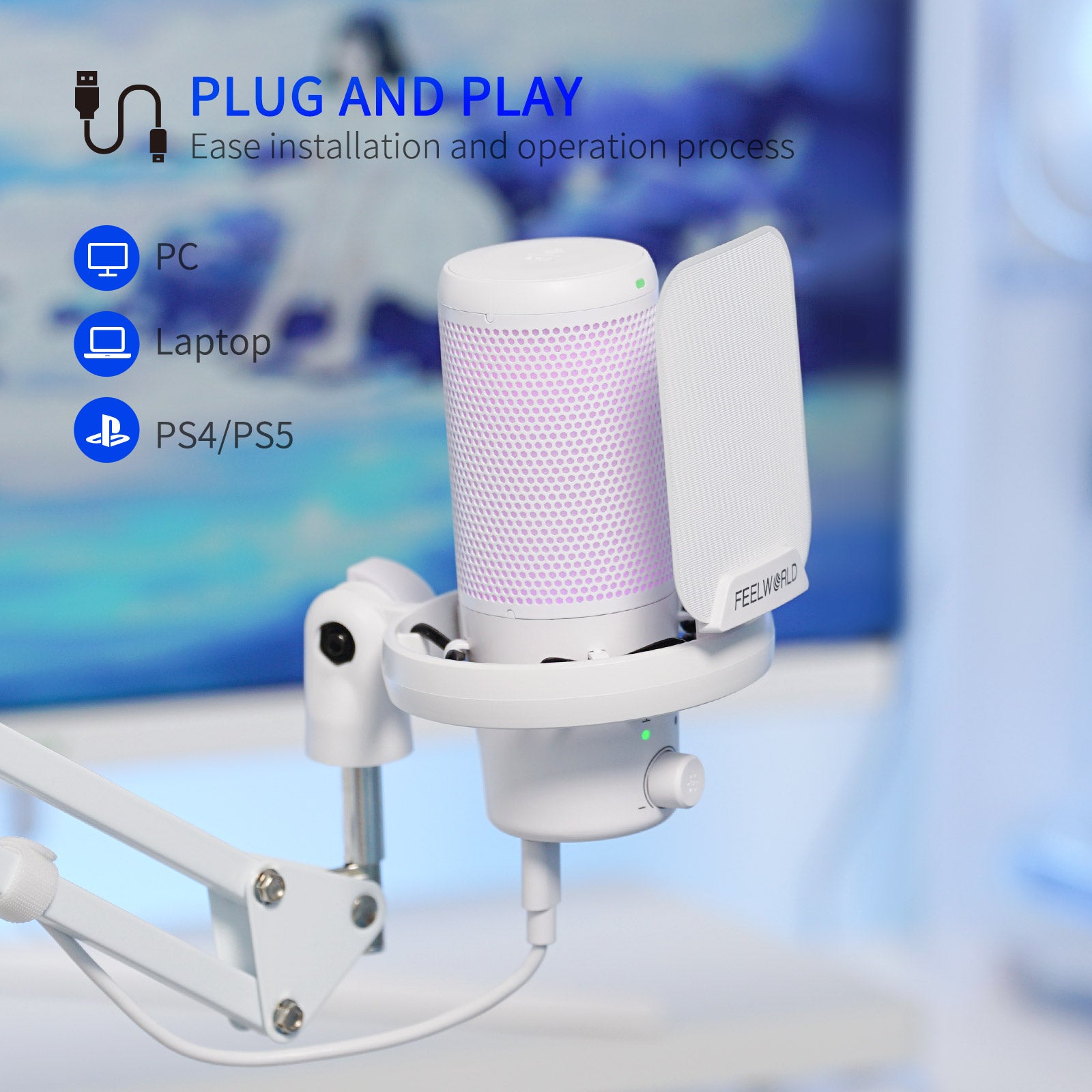 Feelworld VM1 Microfono USB a Condensatore Bianco con Asta Boom