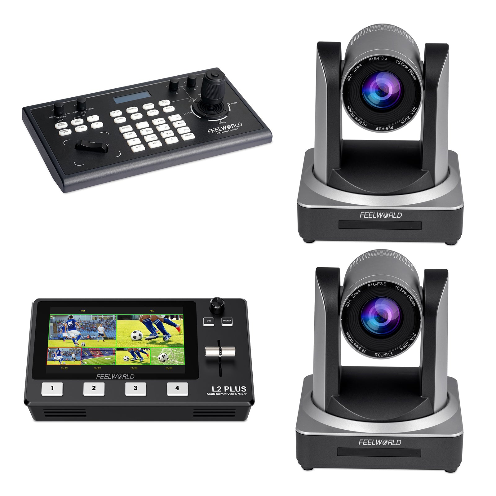 Feelworld Set Regia L2 Plus + KBC10 + 2 Camera POE20X PTZ Bundle