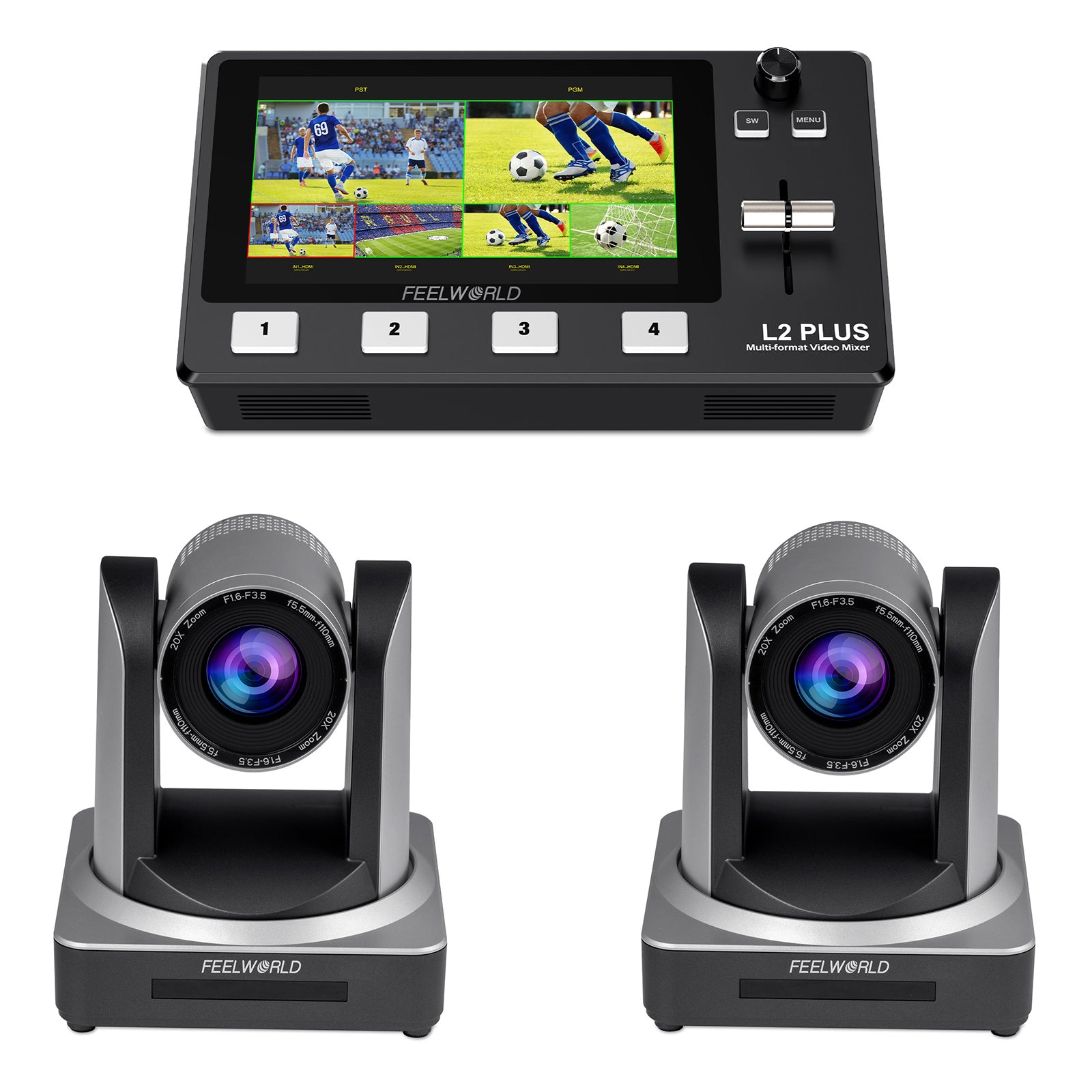 Feelworld L2 Plus switcher video + 2 PTZ POE20X kit live
