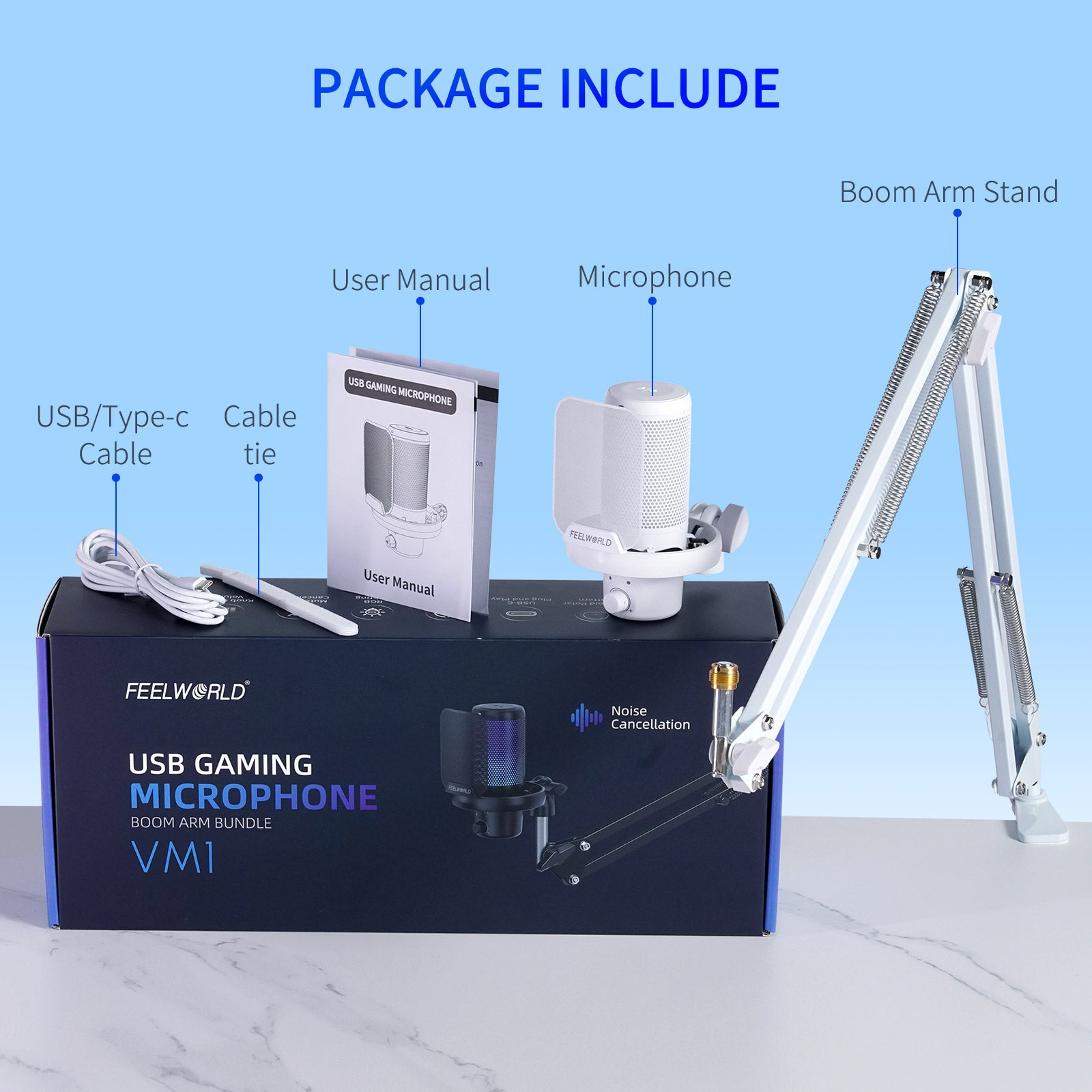Feelworld VM1 Microfono USB a Condensatore Bianco con Asta Boom