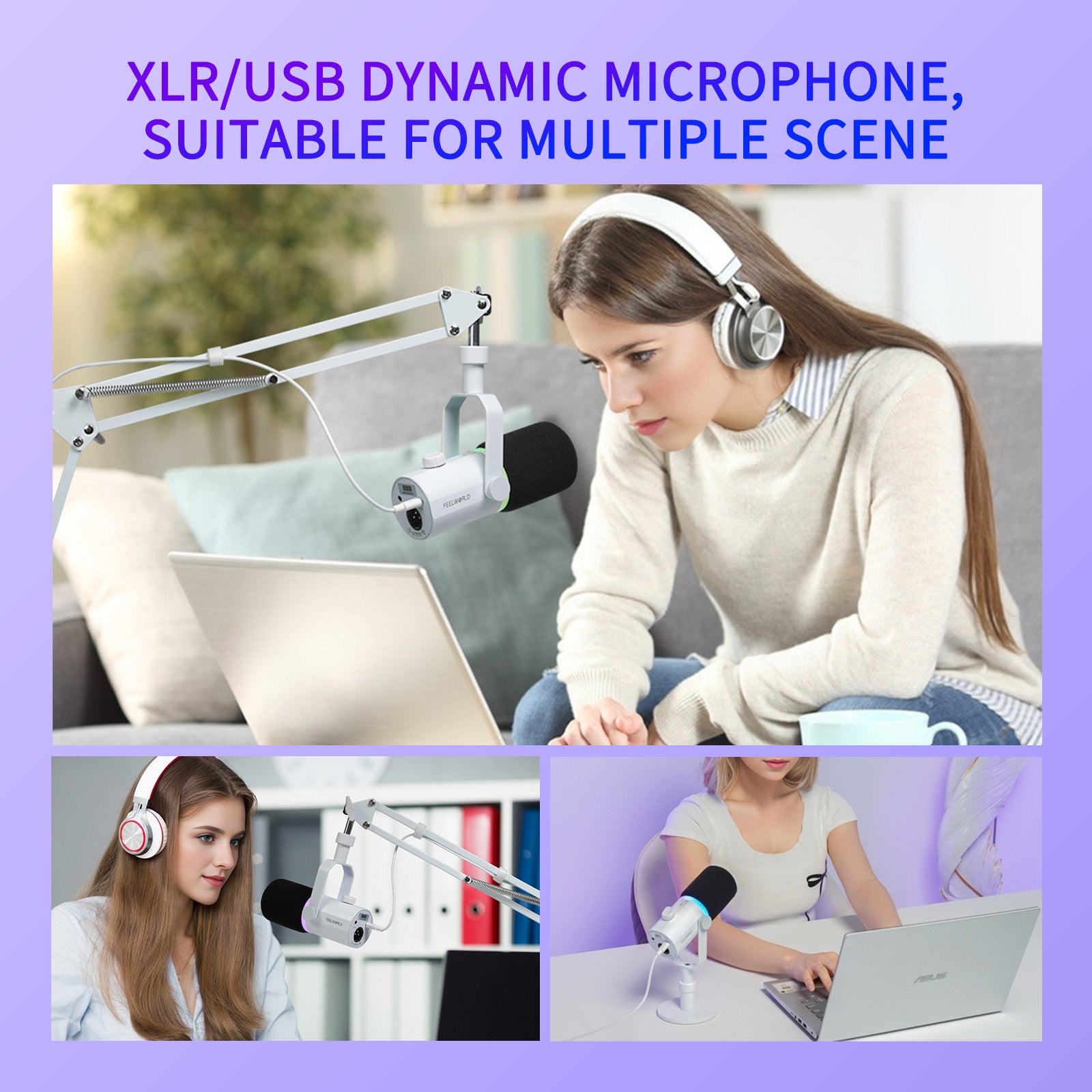 Feelworld PM1 Microfono Dinamico XLR USB Bianco con Braccio