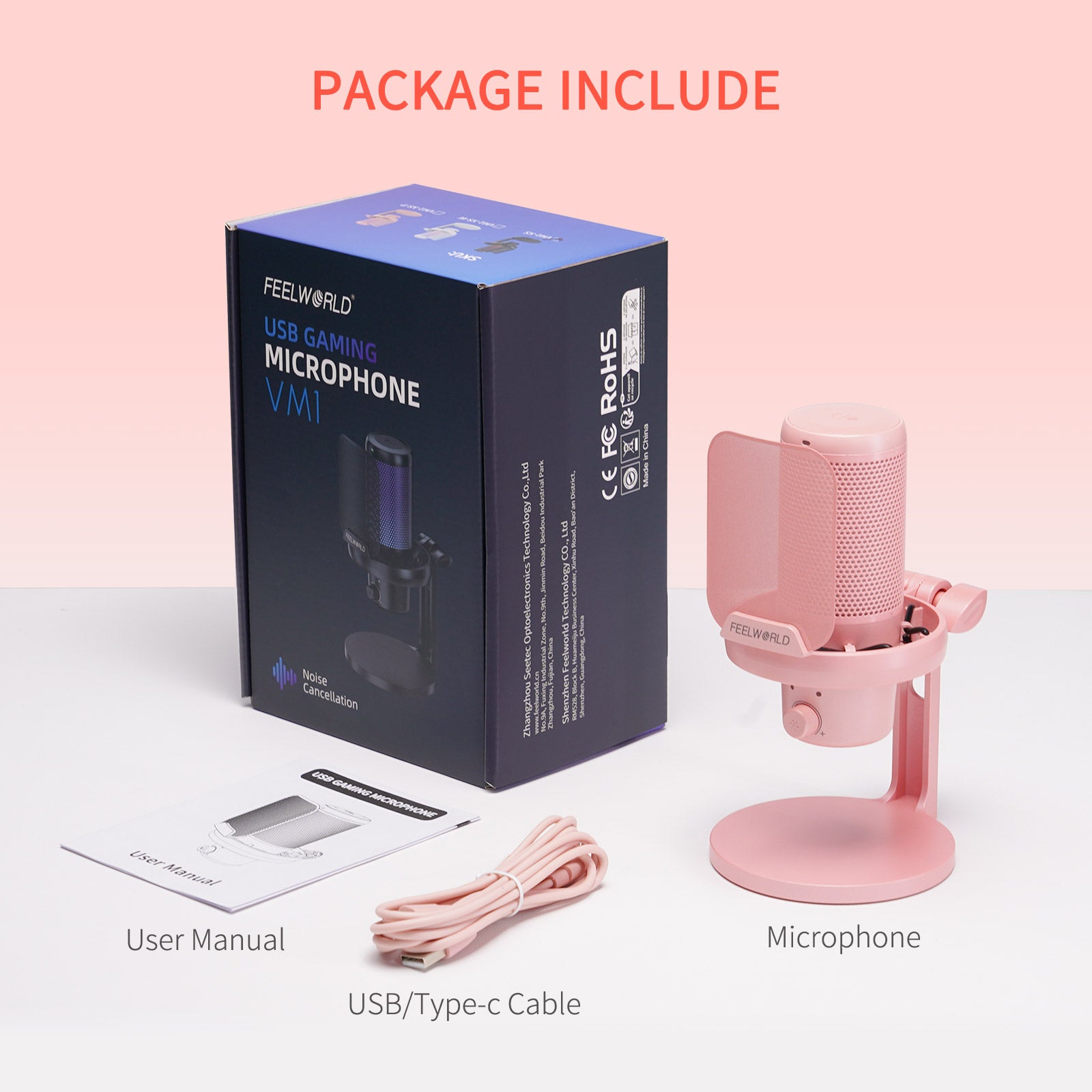 Feelworld VM1 microfono USB a condensatore rosa con stand