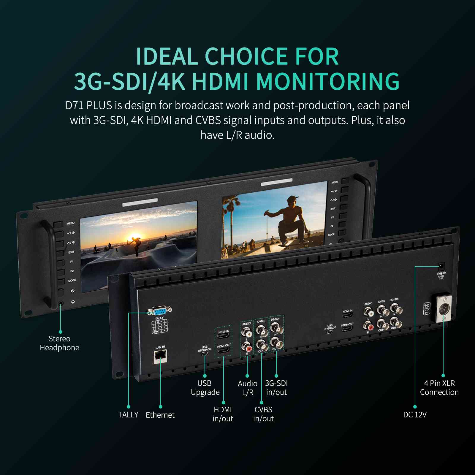 Feelworld D71 Plus Monitor Rack 3RU Doppio 7" SDI HDMI