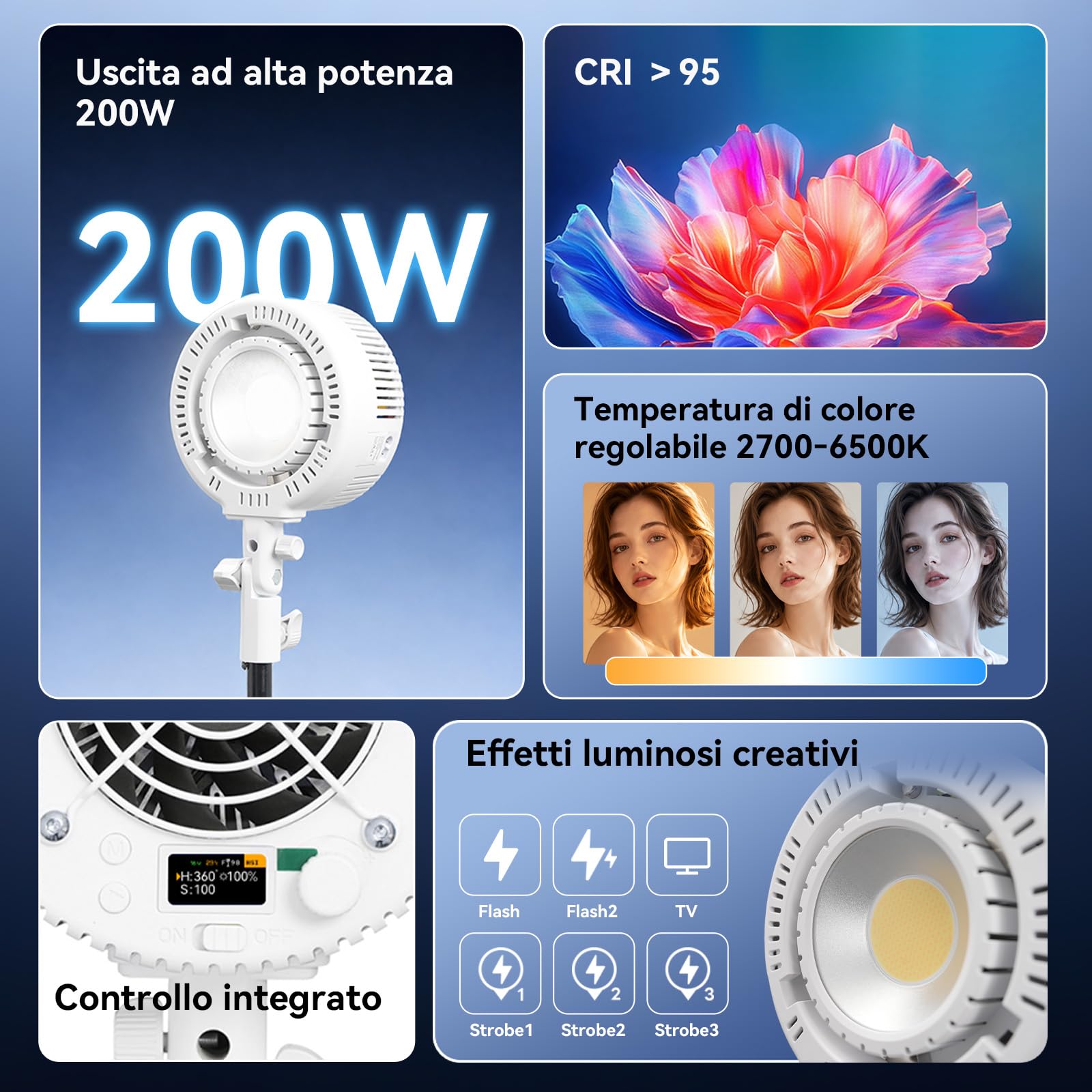 DigitalFoto LIGHT COB 200W luce video bicolore 2700K-6500K