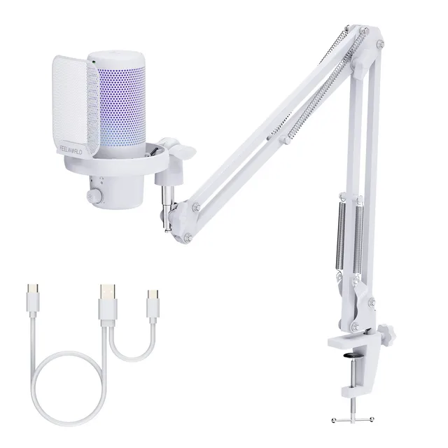 Feelworld VM1 Microfono USB a Condensatore Bianco con Asta Boom