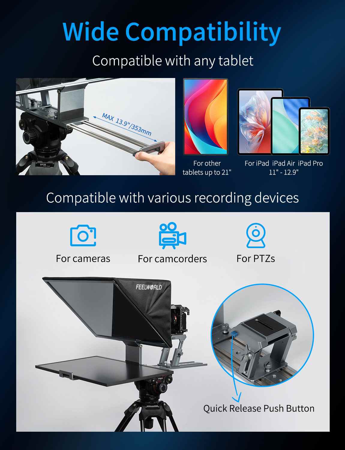 Feelworld TP21 Teleprompter 21 pollici Bluetooth con telecomando