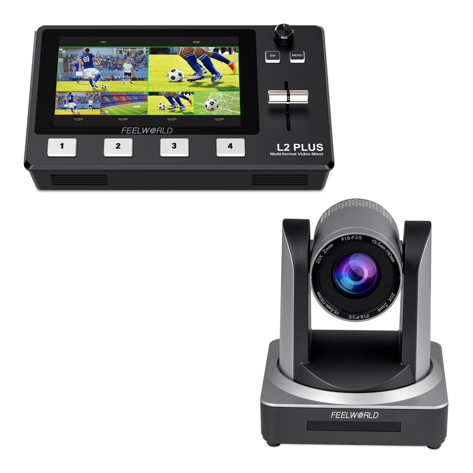 Feelworld L2 PLUS switcher + POE20X PTZ kit streaming