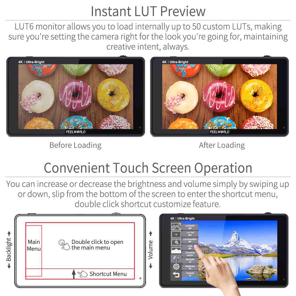 Feelworld LUT6 monitor camera touch 6" 2600nit 4K HDMI HDR
