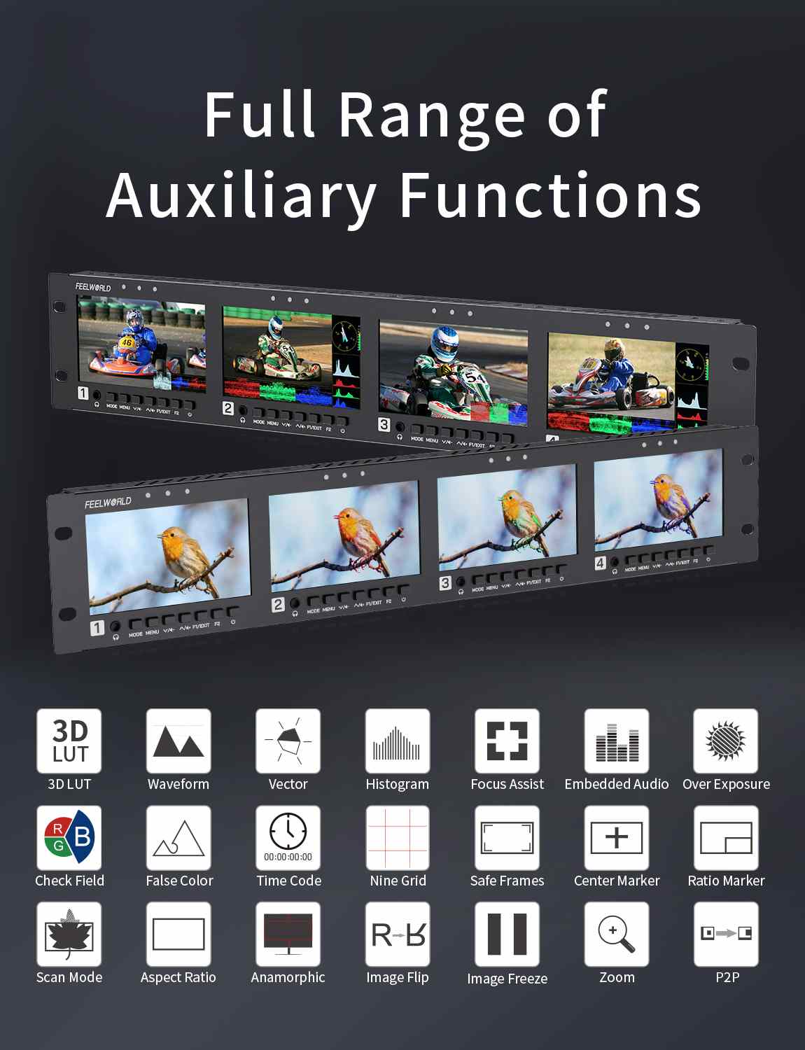 Feelworld Q41 Monitor Rack 2RU 4x4.5" 3G-SDI HDMI Broadcast