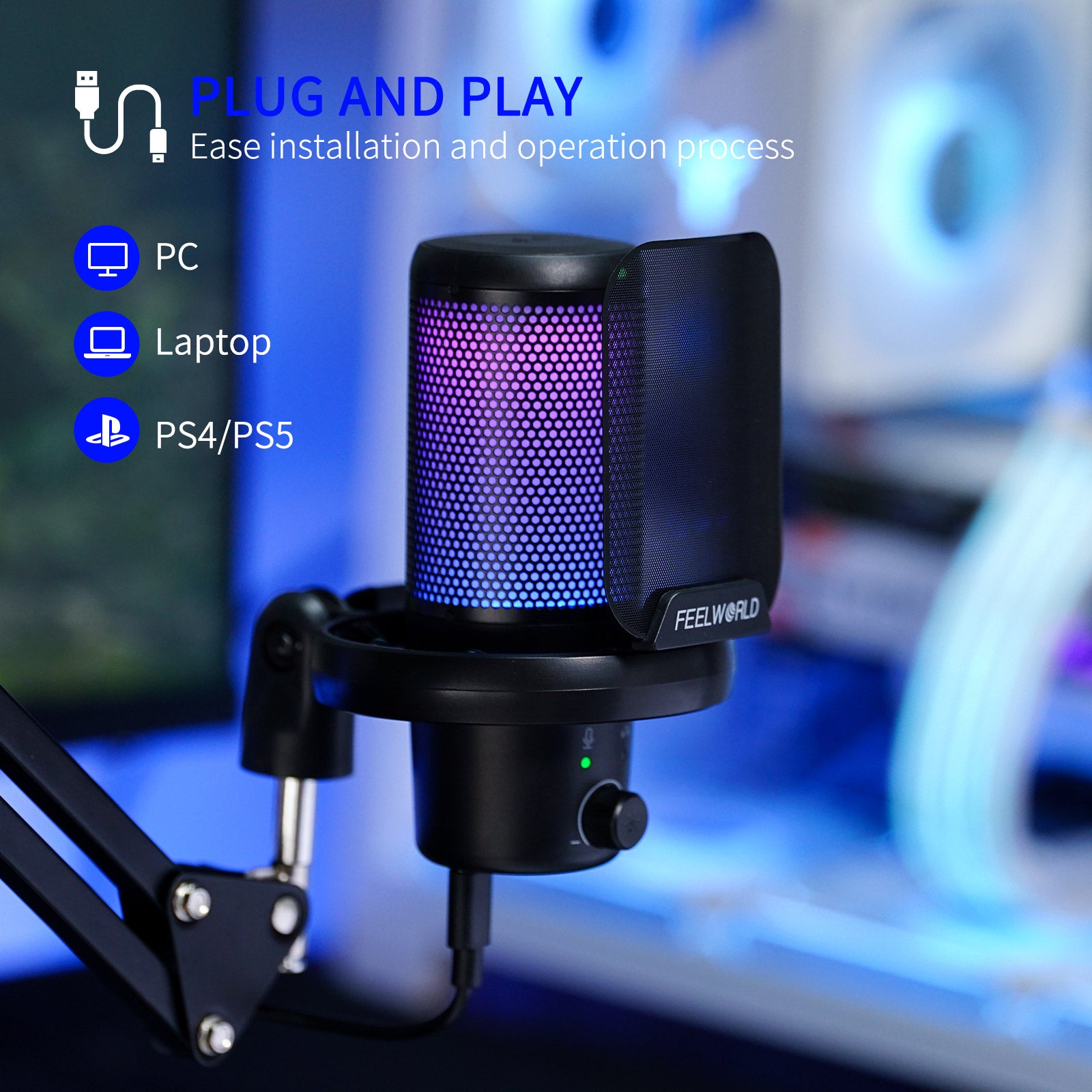 Feelworld VM1 Microfono USB a Condensatore Nero con Asta