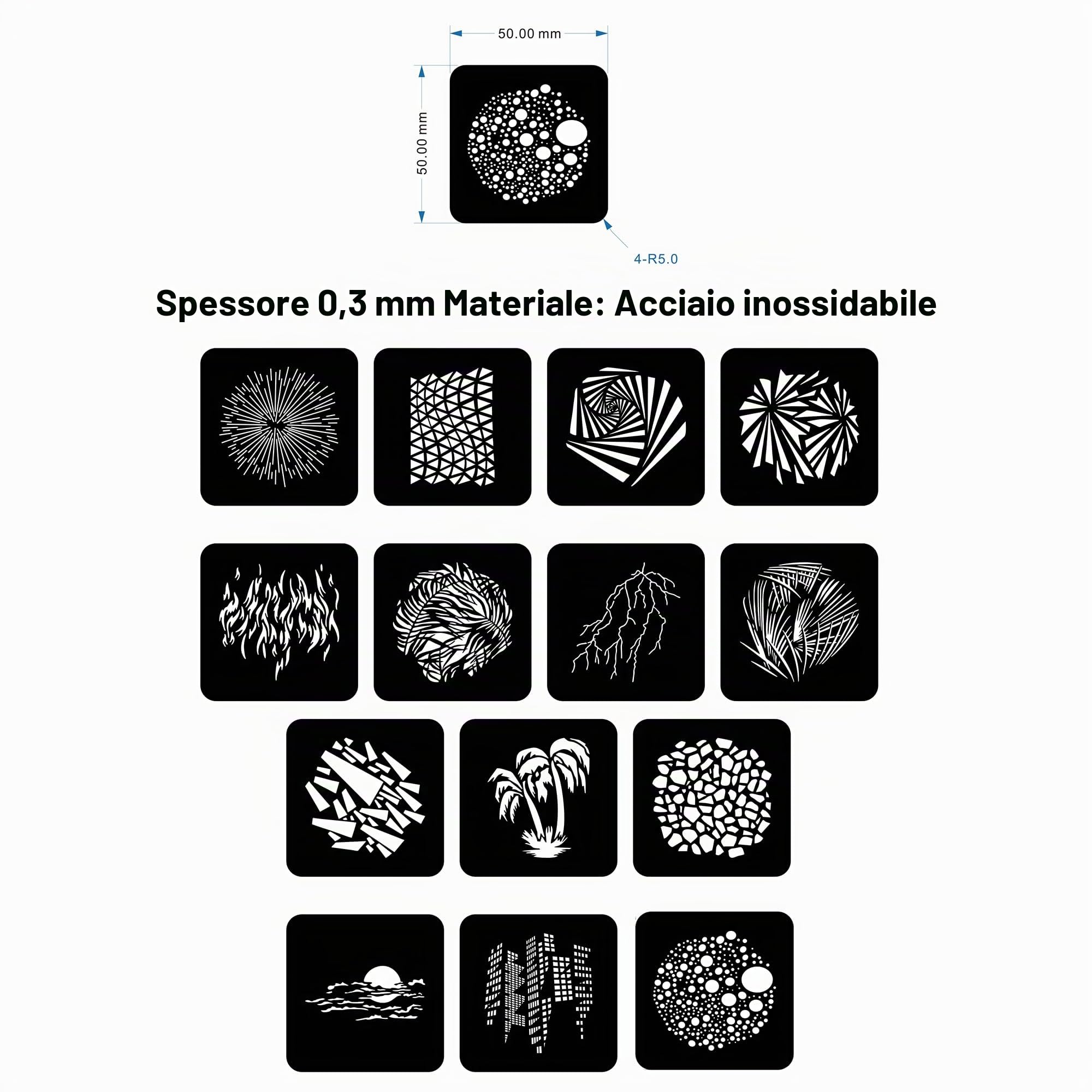 DigitalFoto Light set 14 gobo acciaio per snoot Bowens 50x50 mm