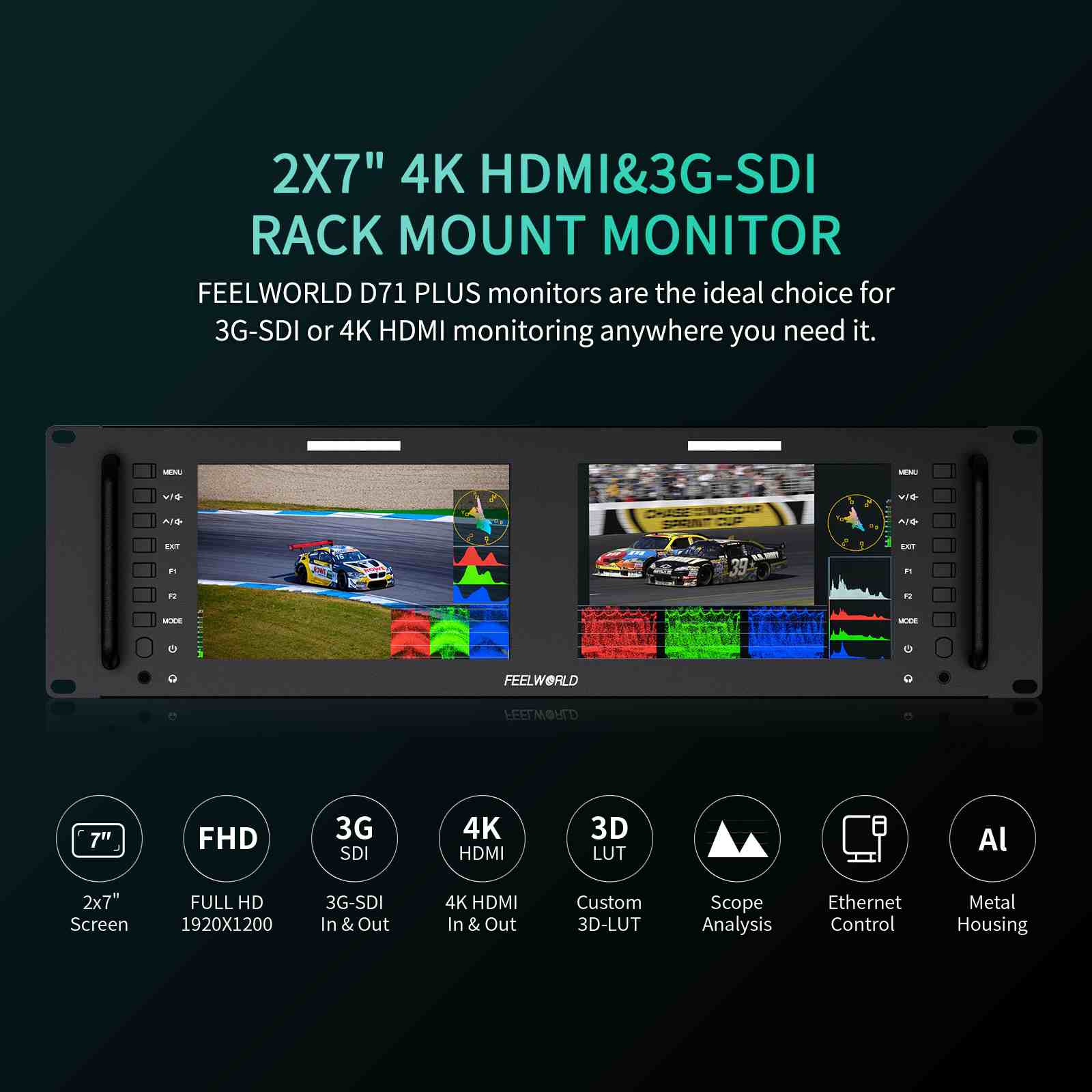 Feelworld D71 Plus Monitor Rack 3RU Doppio 7" SDI HDMI