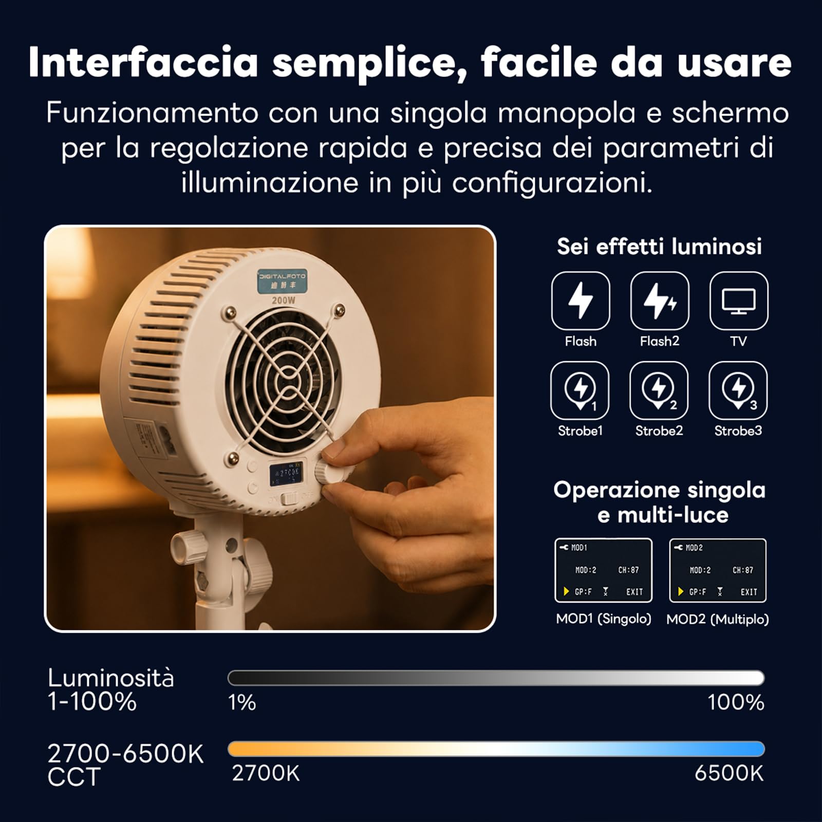 DigitalFoto LIGHT COB 200W luce video bicolore 2700K-6500K