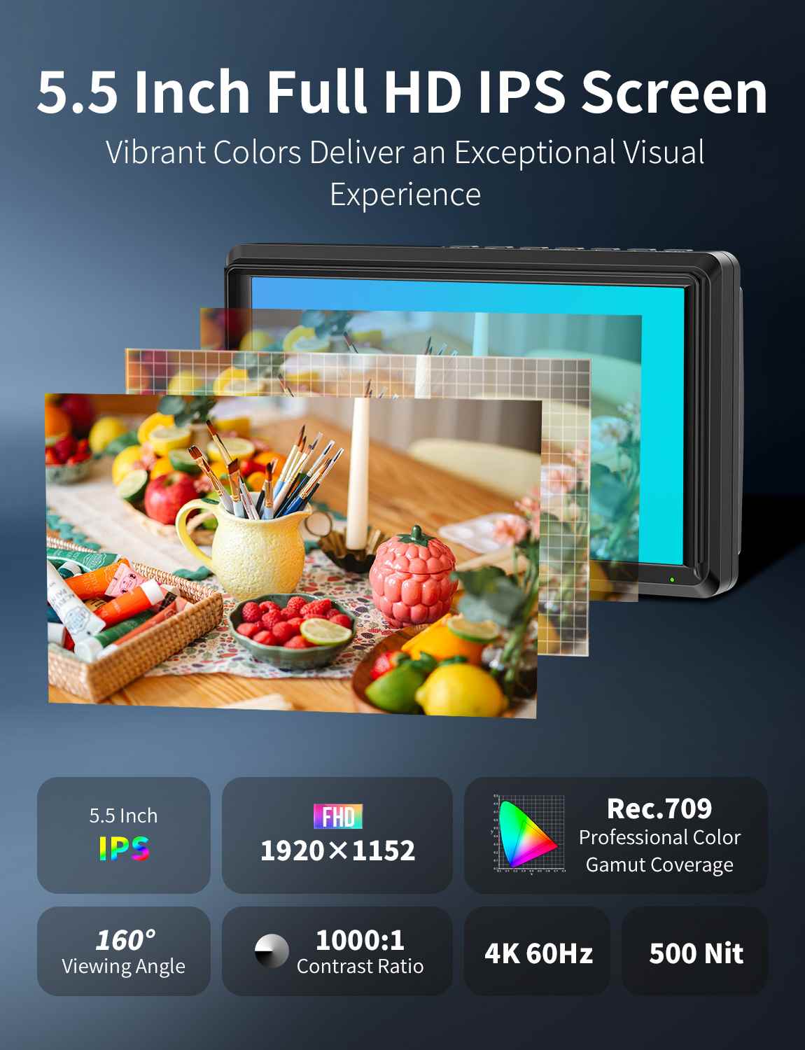Feelworld S55E Monitor on camera 5.5" HDMI 4K con batteria