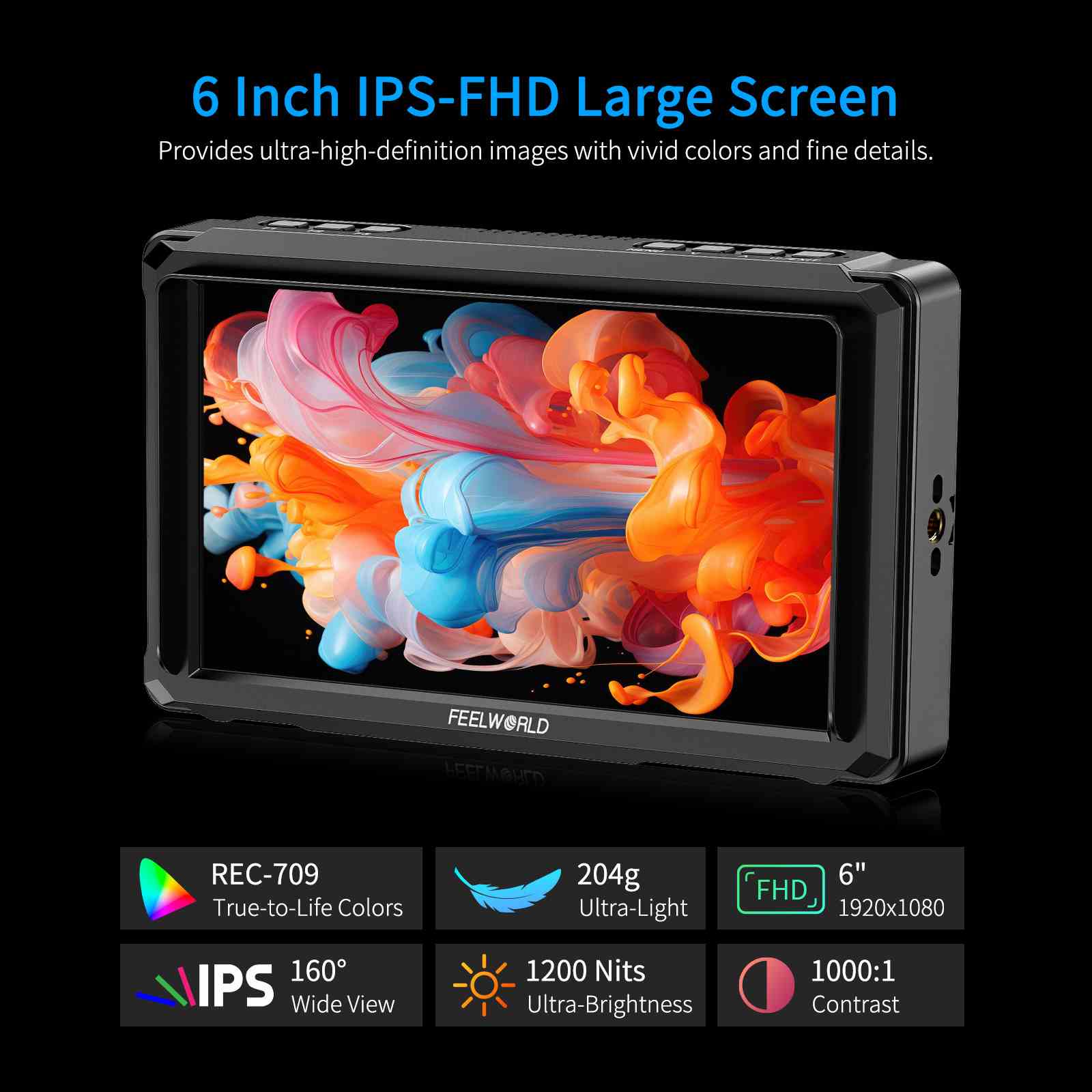 Feelworld Camera Monitor FW568 Pro 6" 1200nit HDMI con Batteria