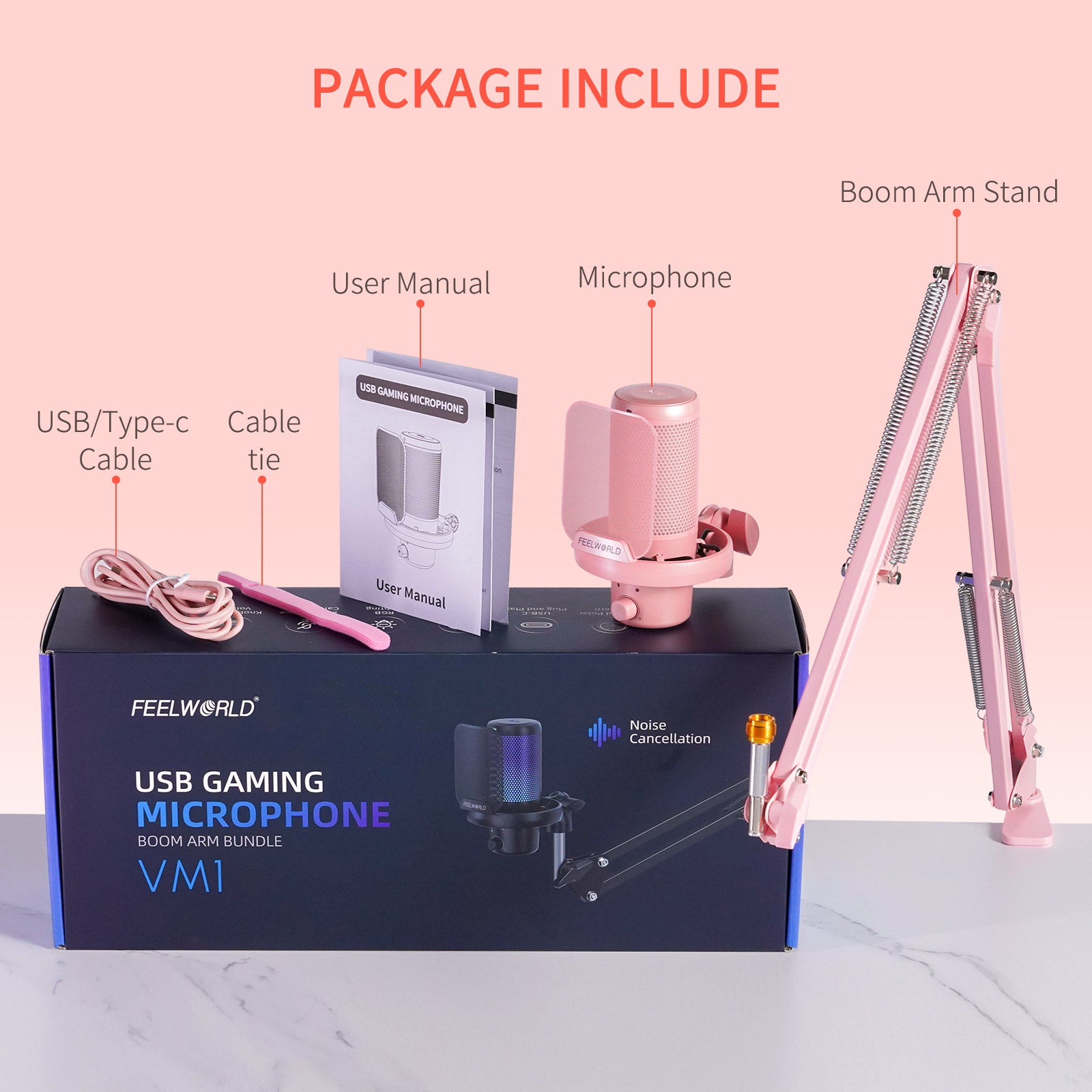 Feelworld VM1 Microfono USB Rosa Condensatore con Asta PC