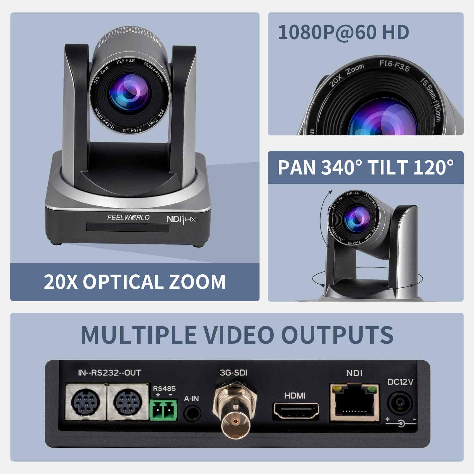 Feelworld NDI20X Telecamera PTZ Live Streaming 20X Zoom PoE