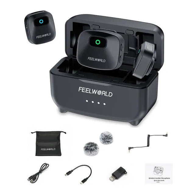 Feelworld LM1 Microfono Lavalier Wireless Nero 2TX+RX Custodia