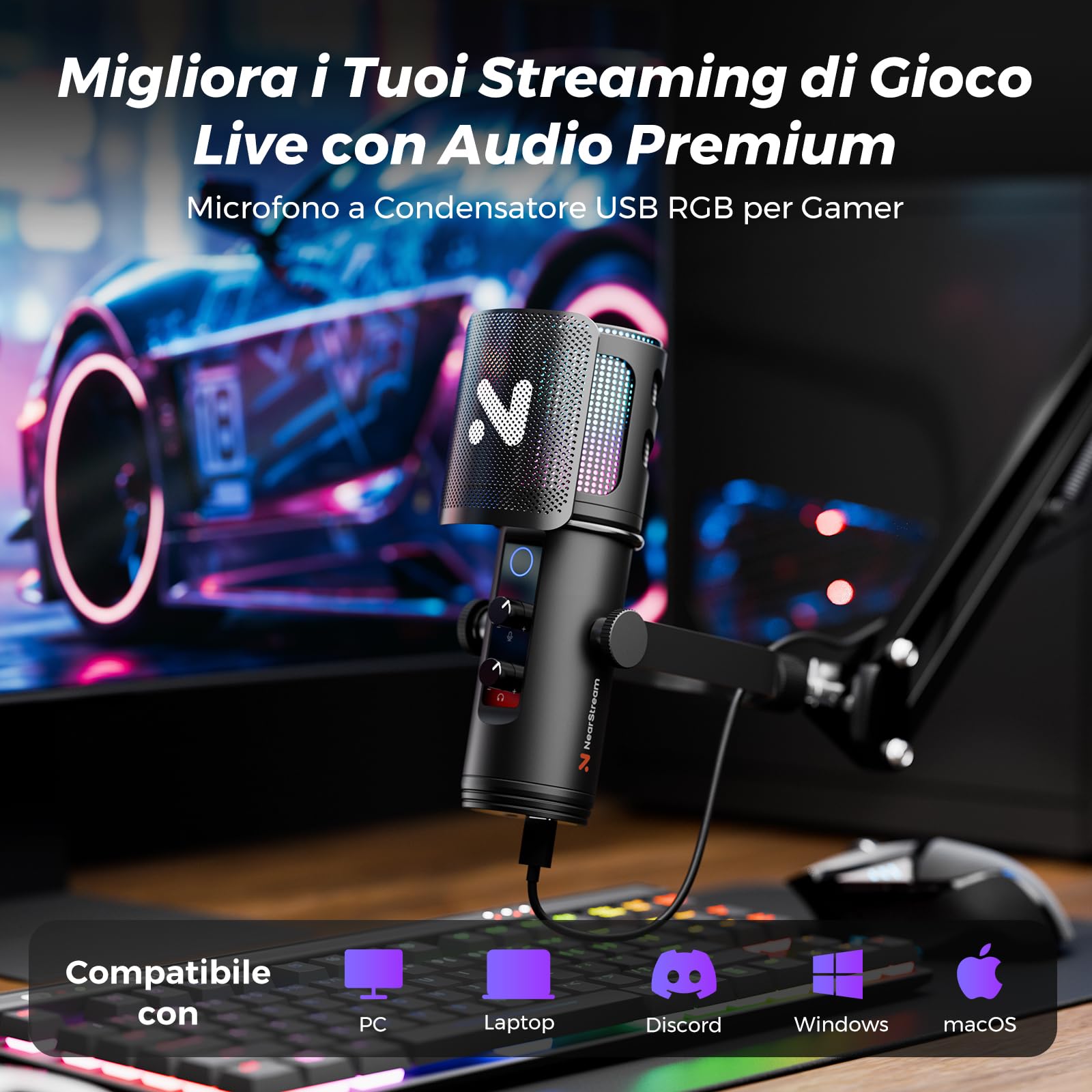 NearStream Microphone AM35U microfono USB condensatore RGB braccio