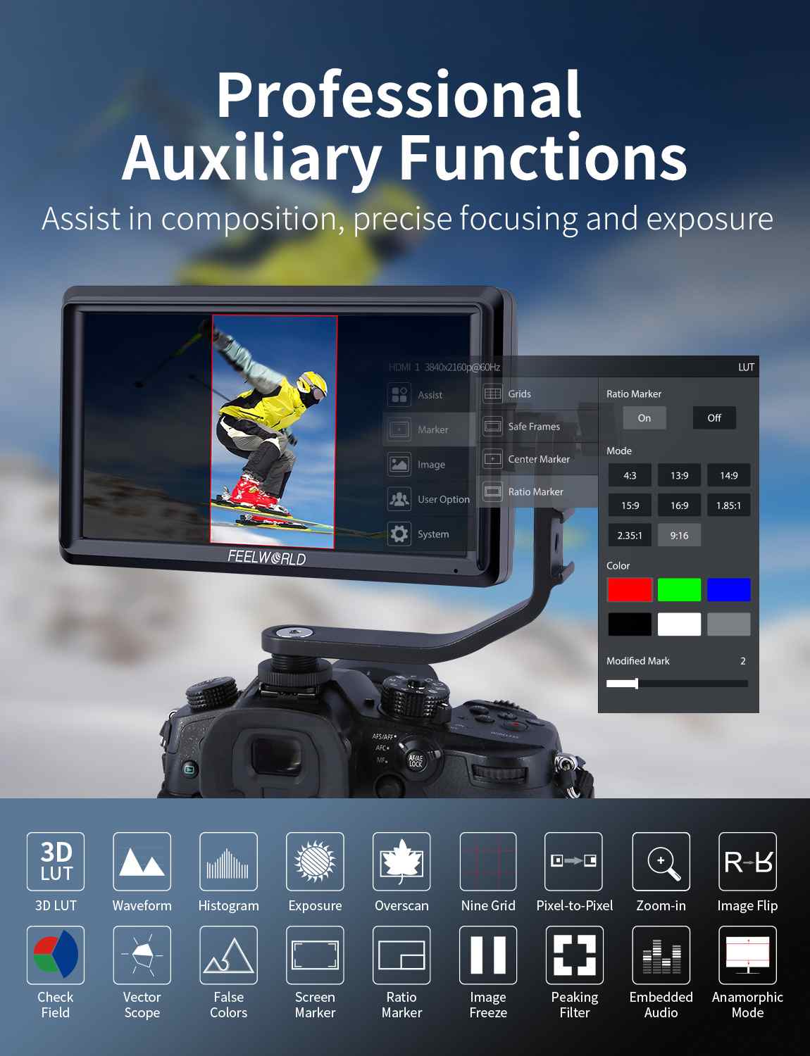 Feelworld S55E Monitor on camera 5.5" HDMI 4K con batteria