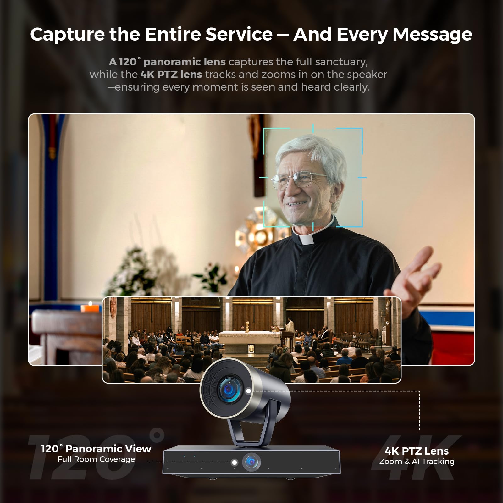 NearStream Camera PTZ 4K 20X NDI doppia lente chiesa eventi